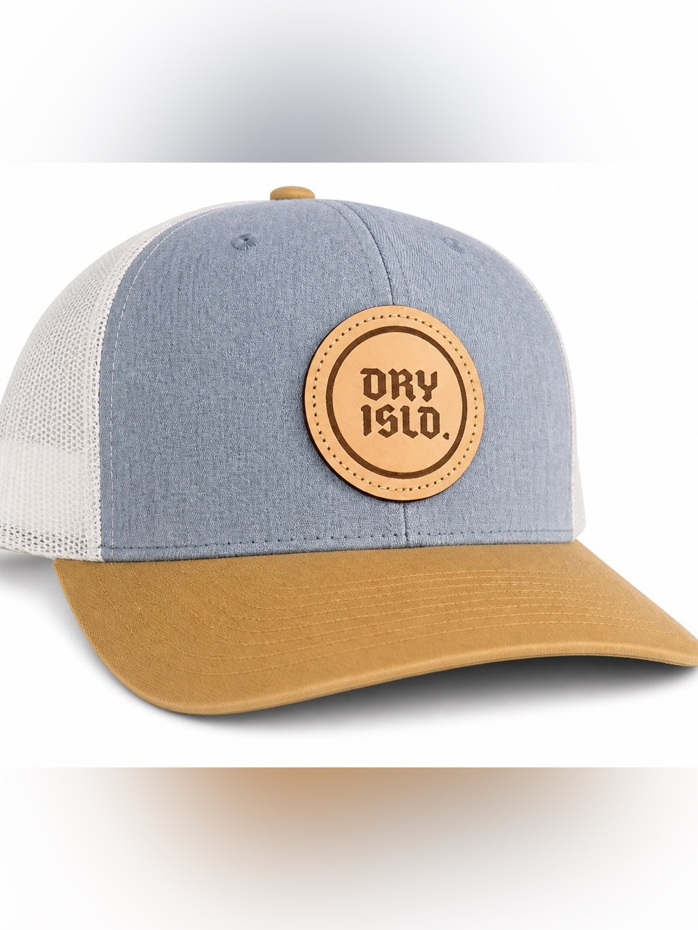 Dry Island Gray & Tan Trucker Hat | Adjustable Snapback | Leather Patch Cap